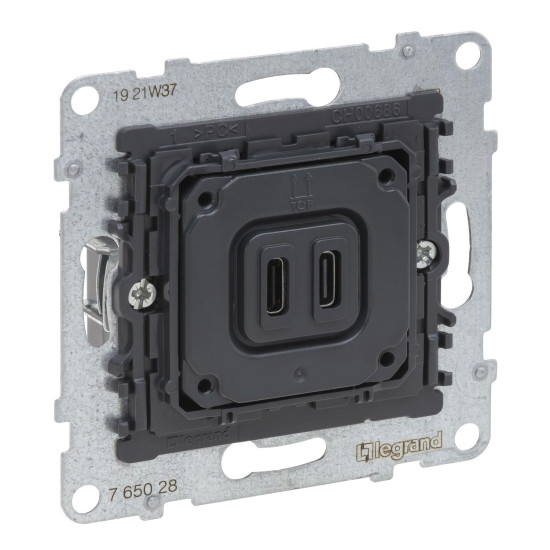 Legrand SEANO 2-fach USB-Ladesteckdosen-Einsatz, 2x-Typ C Ladestrom: 3A bei 5V bei einem Gerät, 1,5A bei gleichzeitigem Laden, 765028