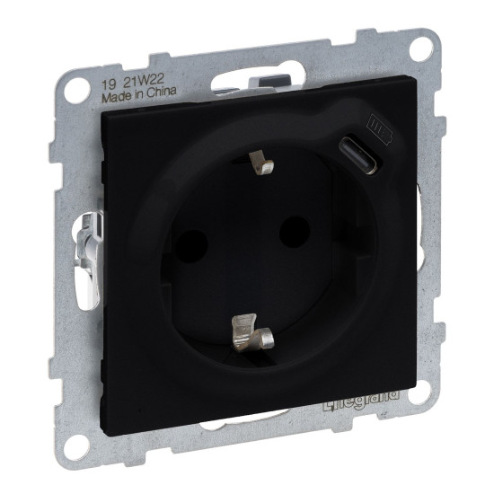 Legrand SEANO 2 in 1 Steckdose, USB Typ C-Kombinationssteckdose, mit erhöhtem Berührungsschutz, Steckklemmen, 16A, Schwarz, 765326
