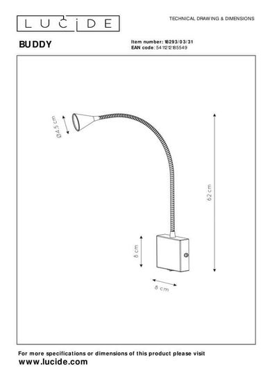 Lucide BUDDY LED Wandleuchte 4W mit flexiblem Lesearm Weiß, Chrom 18293/03/31