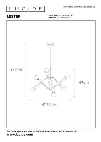 Lucide LESTER Pendelleuchte 6x E27 drehbar Schwarz 21424/06/30
