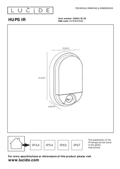 Lucide HUPS IR LED Wandleuchte 10W Schwarz, Opal Sensor IP54 22864/10/30