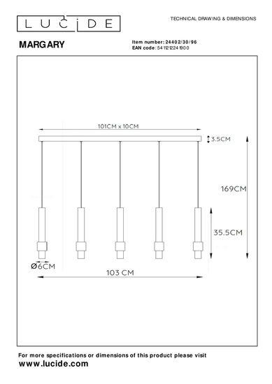 Lucide MARGARY LED Pendelleuchte 5x 4,2W dimmbar Kaffee, Mattes Gold, Messing 90Ra 24402/30/96