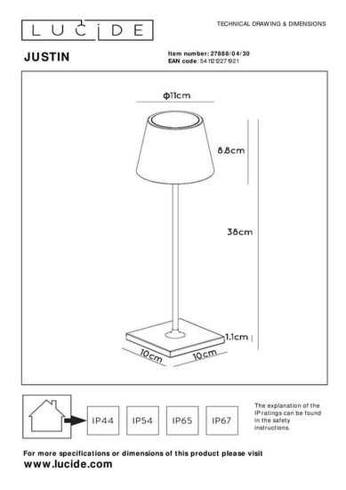 Lucide JUSTIN LED Tischlampe Außen Outdoor 3-Stufen-Dimmer 2,2W dimmbar Schwarz IP54 27888/04/30