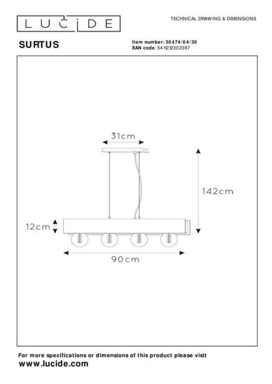 Lucide SURTUS Pendelleuchte 4x E27 Schwarz 30474/04/30
