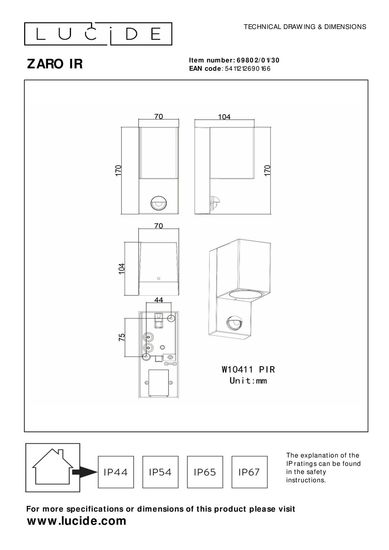 Lucide ZARO IR Wandleuchte GU10 Schwarz Sensor IP65 69802/01/30