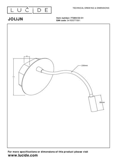 Lucide JOLIJN LED Wandleuchte 2W mit flexiblem Lesearm Weiß 77289/03/31