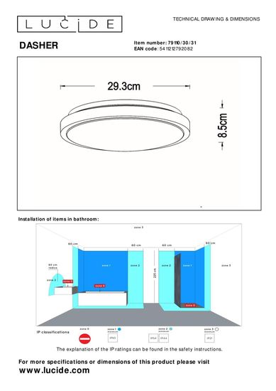Lucide DASHER LED Deckenleuchte 12W Weiß, Opal Sensor IP44 79110/30/31