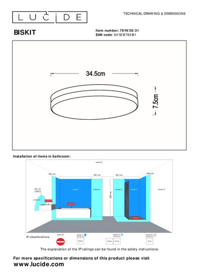 Lucide BISKIT LED Deckenleuchte 24W Weiß, Opal Sensor IP44 79111/36/31