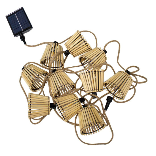 NewGarden OKINAWA LED Lichterkette Solar 8m, Bambus, Jute, Solar mit Akku, 10x E12 IP44