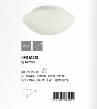 Nordlux 25626001 Ufo Maxi Deckenleuchte 2xE27 Glas Metall Weiss IP44