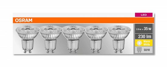 5er Pack OSRAM Base GU10 LED PAR16 Spot 2,6W 230Lm 2700K wie 35W 4058075157941