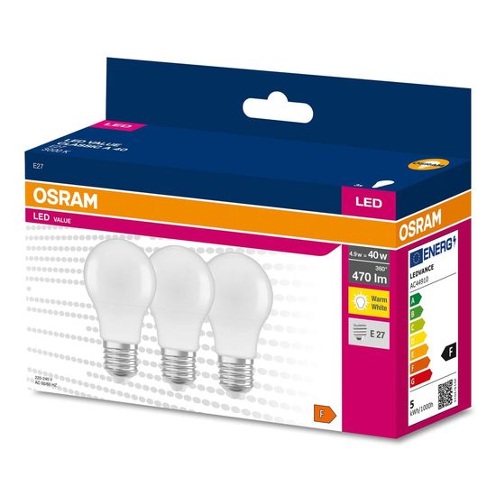 OSRAM 3-er Pack LED VALUE CLASSIC A 40 4.9W E27 Lampe 470lm 3000K warmweiss wie 40W 4058075628922