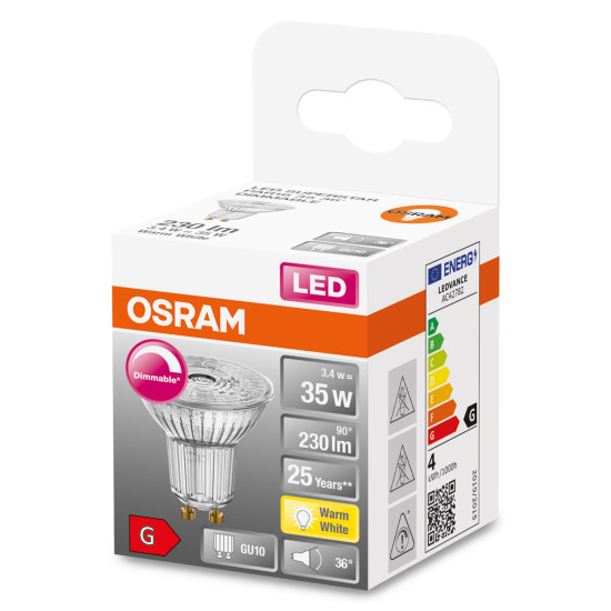 OSRAM LED Spot Strahler Superstar GU10 3,4W 230lm warmweiss 2700K 36° dimmbar 90Ra wie 35W 4058075797550