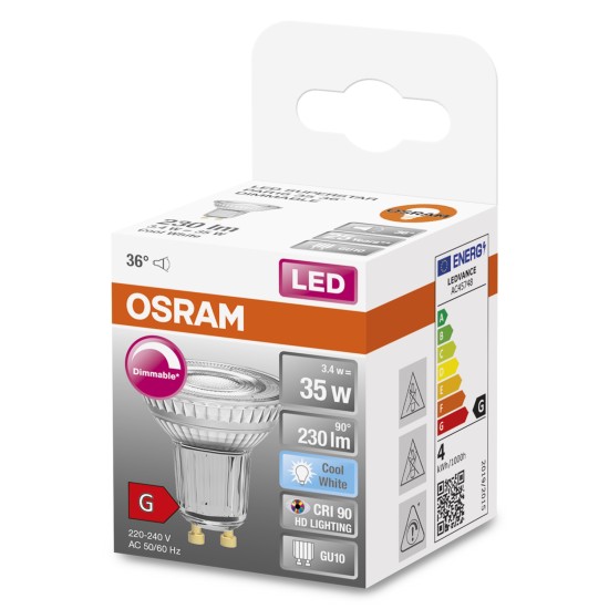 OSRAM LED Spot Strahler Superstar GU10 3,4W 230lm neutralweiss 4000K 36° dimmbar 90Ra wie 35W 4058075797666