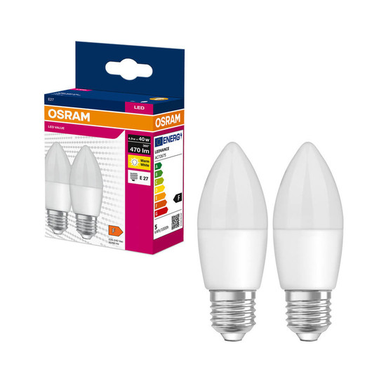 2er-Pack OSRAM LED Kerze E27 Value Classic B matt B40 4.9W 470lm Warmweiss 2700K wie 40W 4099854545443