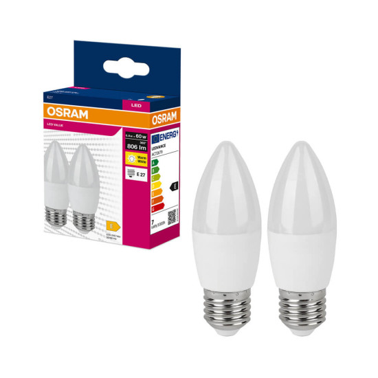 2er-Pack OSRAM LED Kerze E27 Value Classic B matt B60 6.8W 806lm Warmweiss 2700K wie 60W 4099854545641
