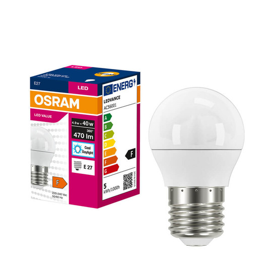 OSRAM LED Lampe E27 Value Classic P matt P40 4.9W 470lm Tageslichtweiss 6500K wie 40W 4099854546525
