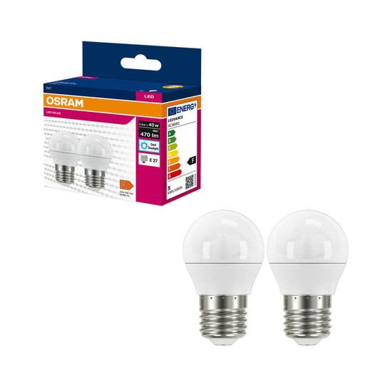 2er-Pack OSRAM LED Lampe E27 Value Classic P matt P40 4.9W 470lm Tageslichtweiss 6500K wie 40W 4099854546808