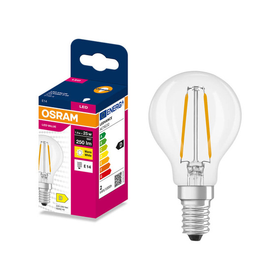 OSRAM LED Lampe E14 Classic Filament P25 1.8W 250lm Warmweiss 2700K wie 25W 4099854568008