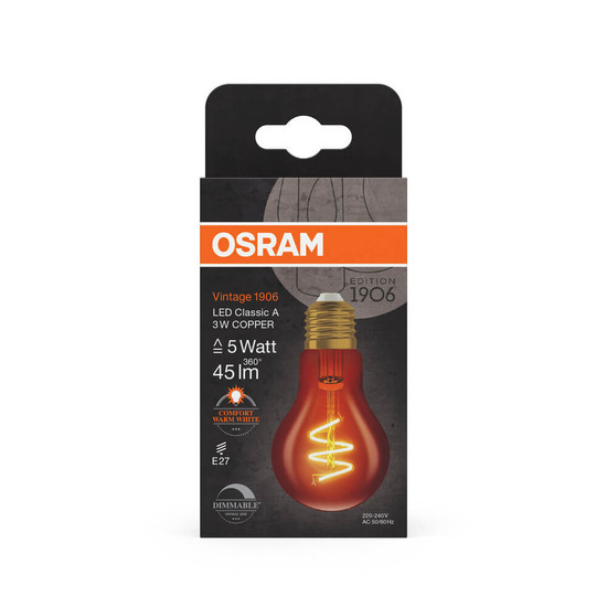 OSRAM LED Lampe E27 Vintage Classic Spiral Filament Dimmbar A60 3W 45lm Extra-Warmweiss 1800K wie 5W 4099854586415