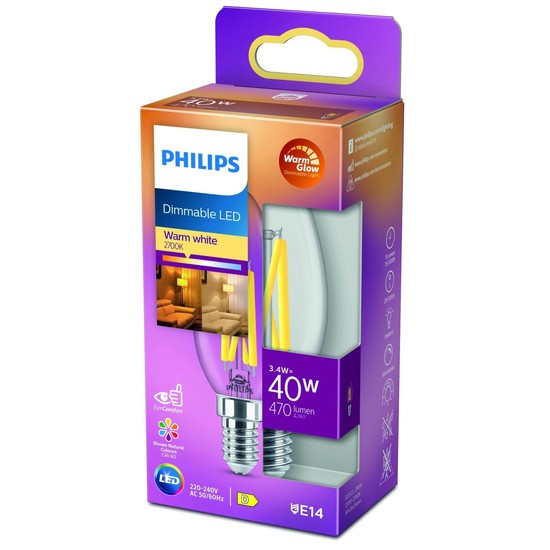 Philips LED Kerze E14 90Ra WarmGlow dimmbar 3,4W 470lm extra+warmweiss 2200-2700K wie 40W