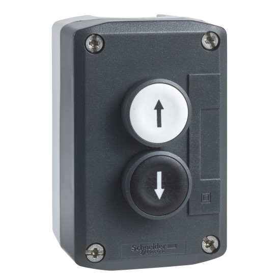 Schneider Electric XALD222E Aufbaugehäuse, Harmony XALD, Kunststoff, dunkelgrau, 2 Drucktaster, weiß, schwarz, Pfeile Auf-Ab, 22mm, 2S+2Ö