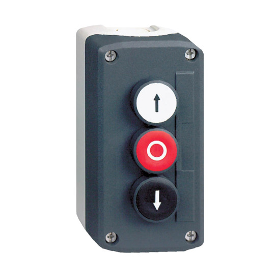 Schneider Electric XALD324 Aufbaugehäuse, Harmony XALD, Kunststoff, dunkelgrau, 3 Drucktaster, O, Pfeile Auf-Ab, 22mm, 2S+1Ö