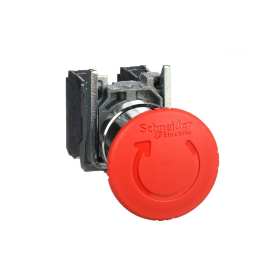 Schneider Electric XB4BS8445 Not-Aus/Not-Halt-Schalter, Harmony XB4, Metall, 22mm, rot, Pilz 40mm, Drehentriegelung, 1S+1Ö