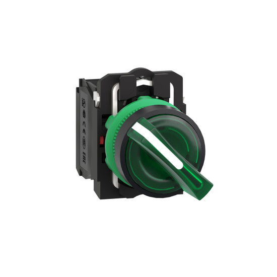 Schneider Electric XB5AK123B5 Leuchtwahlschalter, Harmony XB5, Kunststoff, grün, 22mm, universelle LED, 2 Stellungen, 1S + 1Ö, 24V ACDC