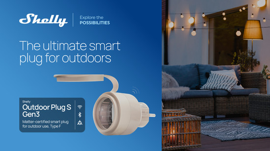 Shelly Outdoor Plug S Gen3 - Smarte Außensteckdose, IP44, Messfunktion Zwischenstecker WLAN, BT