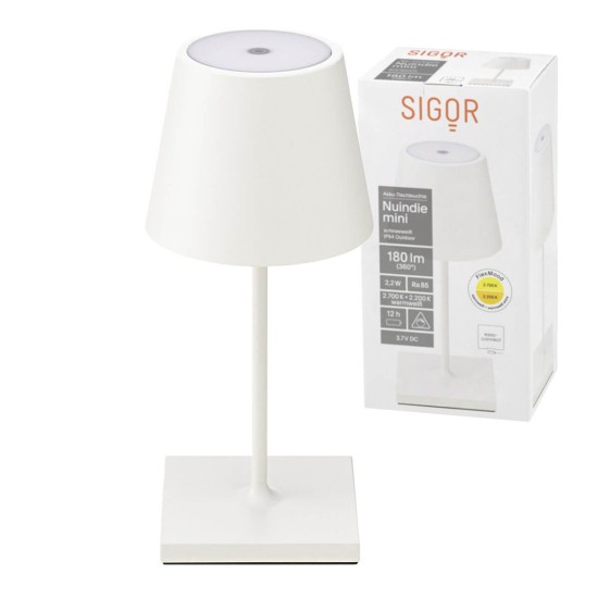 SIGOR 4547201 Akku-Tischleuchte Nuindie mini 25cm schneeweiß 2,2W FlexMood 2200K/2700K IP54 Ra85 dimmbar