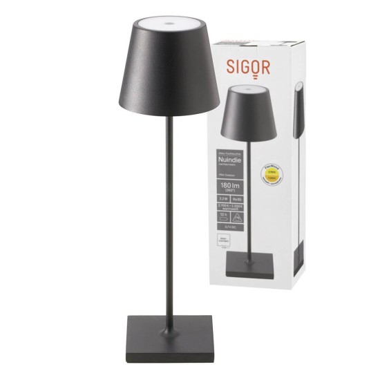 SIGOR Akku-Tischleuchte Nuindie 38cm nachtschwarz rund USB-C 2,2W FlexMood 2200K/2700K IP54 Ra85 dimmbar