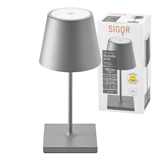 SIGOR 4547101 Akku-Tischleuchte Nuindie USB-C mini 25cm graphitgrau 2,2W FlexMood 2200K/2700K IP54 Ra85 dimmbar
