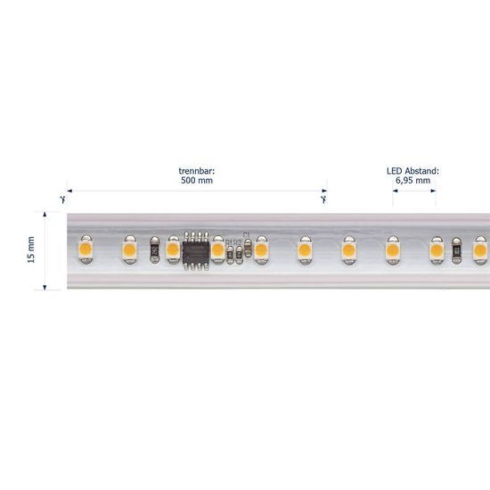 SIGOR 14W/m Hochvolt LED-Streifen 3000K 10m 72LED/m IP65 230V 1230lm/m Ra90 Set inkl. Endkappe