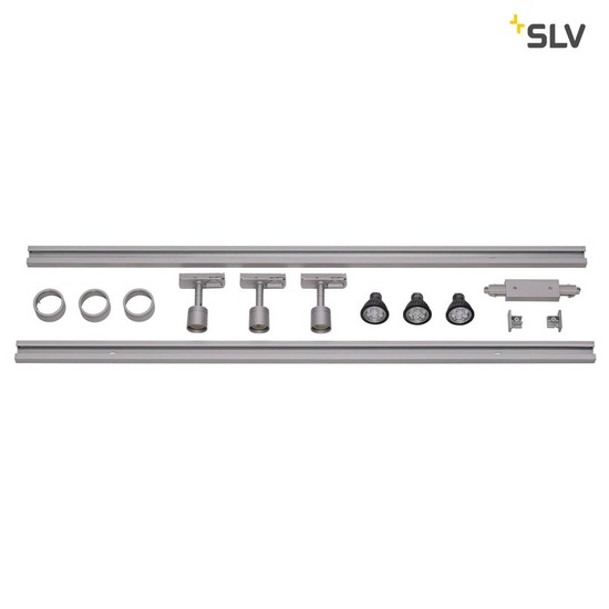 SLV 143194 1-Phasen Hochvolt-Set 4 silbergrau 2x1m inkl. 3X PURI und LED Lampe 4,3W