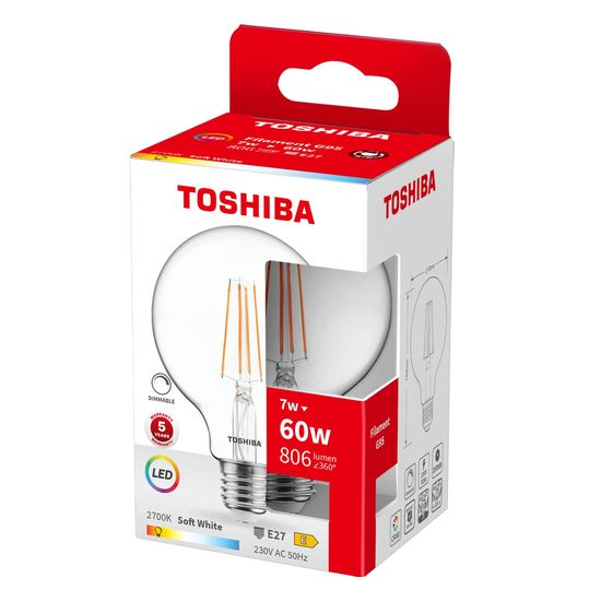 Toshiba LED Filament Globe Lampe dimmbar E27 7W 2700K 806Lm wie 60W 4711112387151