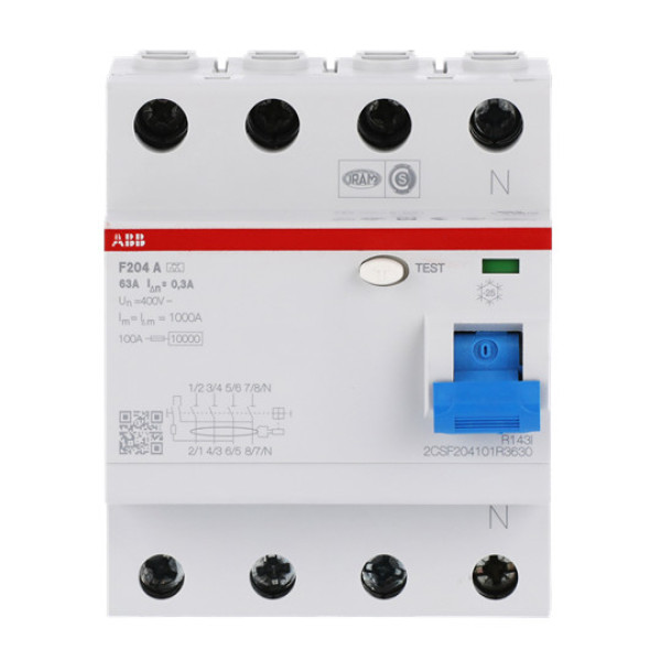 ABB F204A-63/0,3 FI-Schutzschalter 4P,Typ A,63A,300mA