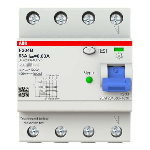 ABB F204B-63/0,03 FI-Schutzschalter Typ B 4P, 63A, 30mA, 3kA, 4TE