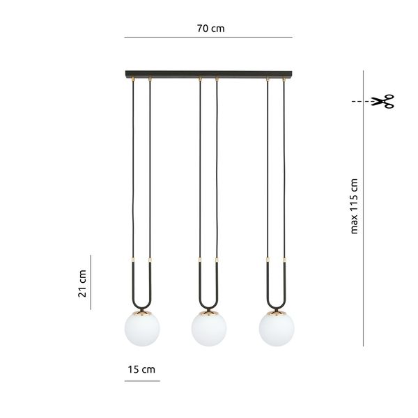 Bioledex Tonsern Pendelleuchte 3-fach E14 schwarz/gold opal 70x115x15cm Made in Europe