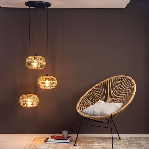 Brilliant Woodball Pendelleuchte, 3-fach E27 Schwarz Matt Natur 99885/06