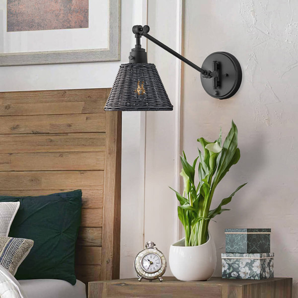 Elstead Arti  Wandleuchte E27 Schwarz, schwarzer Rattan Schirm Rattan schwarz