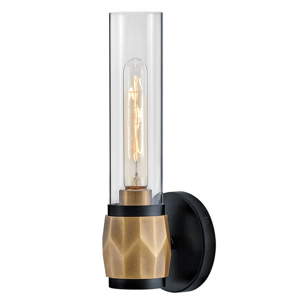 Elstead Ellison Wandleuchte E27 Schwarz mit Heritage-Messing Glas klar IP44