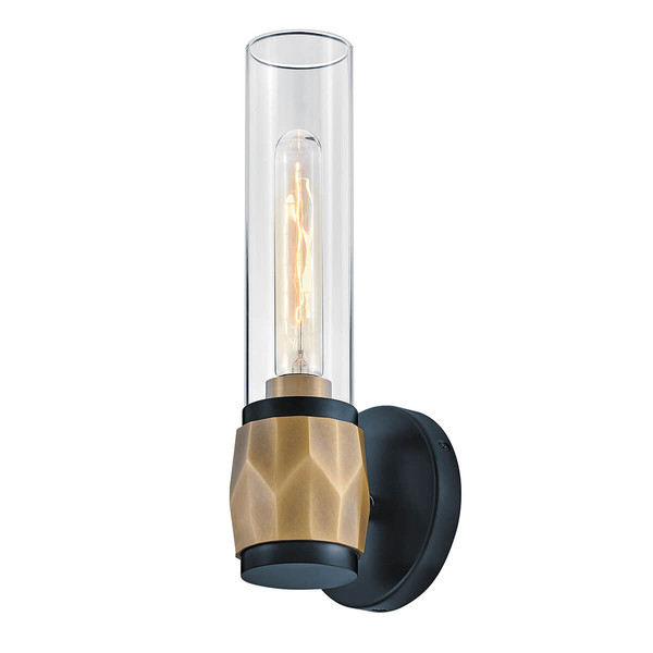 Elstead Ellison Wandleuchte E27 Schwarz mit Heritage-Messing Glas klar IP44