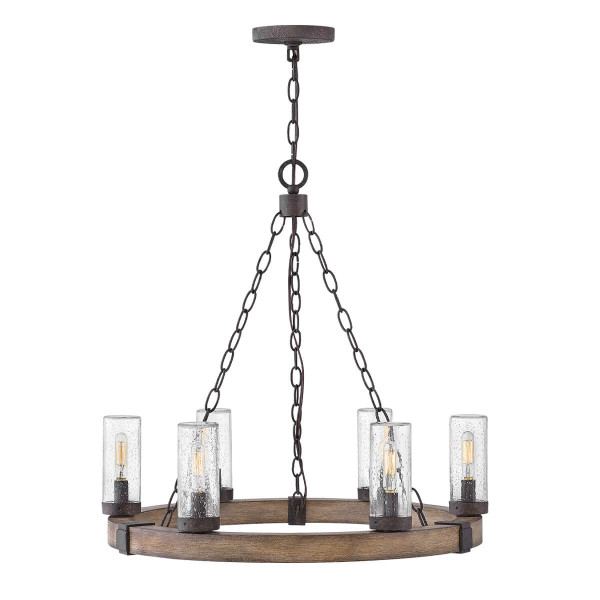 Elstead Sawyer Außen-Kronleuchter E14 6-fach Sequoia-Holzoptik mit rostfarbenen Eisenakzenten und klarem Glas mit Sprenkeln Glas mit Luftbläschen IP44