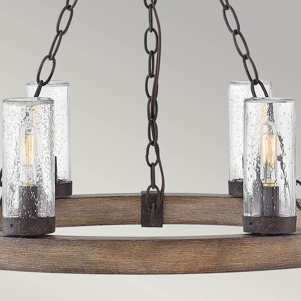 Elstead Sawyer Außen-Kronleuchter E14 6-fach Sequoia-Holzoptik mit rostfarbenen Eisenakzenten und klarem Glas mit Sprenkeln Glas mit Luftbläschen IP44