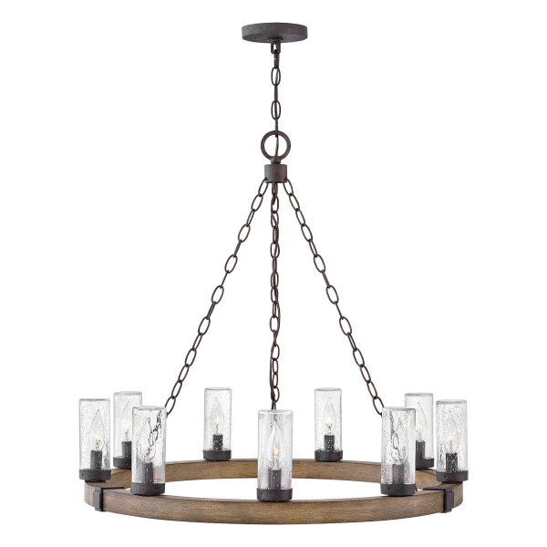 Elstead Sawyer Außen-Kronleuchter E14 9-fach Sequoia-Holzoptik mit rostfarbenen Eisenakzenten und klarem Glas mit Sprenkeln Glas mit Luftbläschen IP44