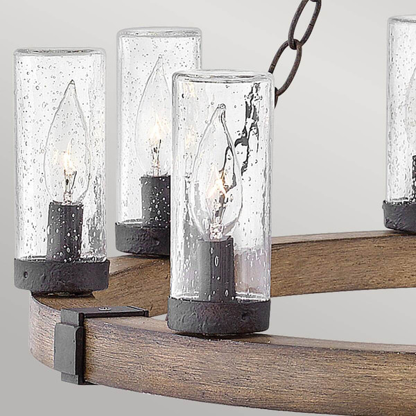 Elstead Sawyer Außen-Kronleuchter E14 9-fach Sequoia-Holzoptik mit rostfarbenen Eisenakzenten und klarem Glas mit Sprenkeln Glas mit Luftbläschen IP44