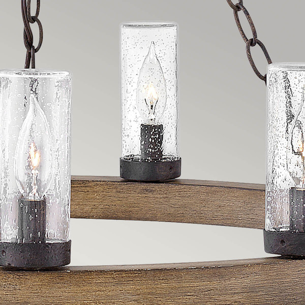 Elstead Sawyer Außen-Kronleuchter E14 9-fach Sequoia-Holzoptik mit rostfarbenen Eisenakzenten und klarem Glas mit Sprenkeln Glas mit Luftbläschen IP44