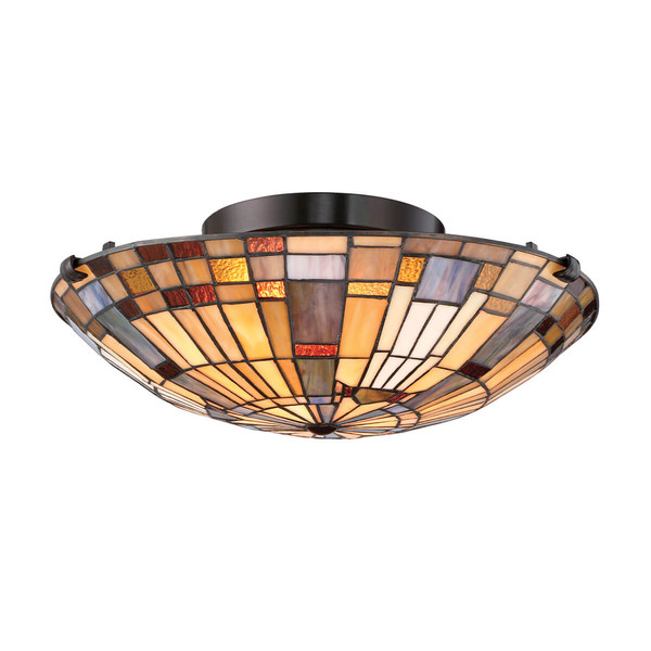 Elstead Inglenook Deckenleuchte E27 2-fach Valiant Bronze und Kunstglas-Schirm Tiffanyglas