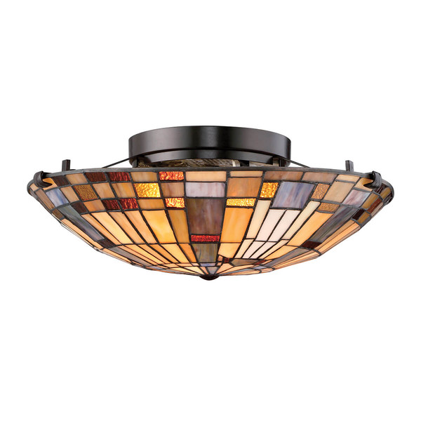 Elstead Inglenook Deckenleuchte E27 2-fach Valiant Bronze und Kunstglas-Schirm Tiffanyglas